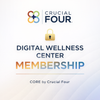 Advertisement for Crucial Four Digital Wellness Center Membership with colorful logo and text on a white background.