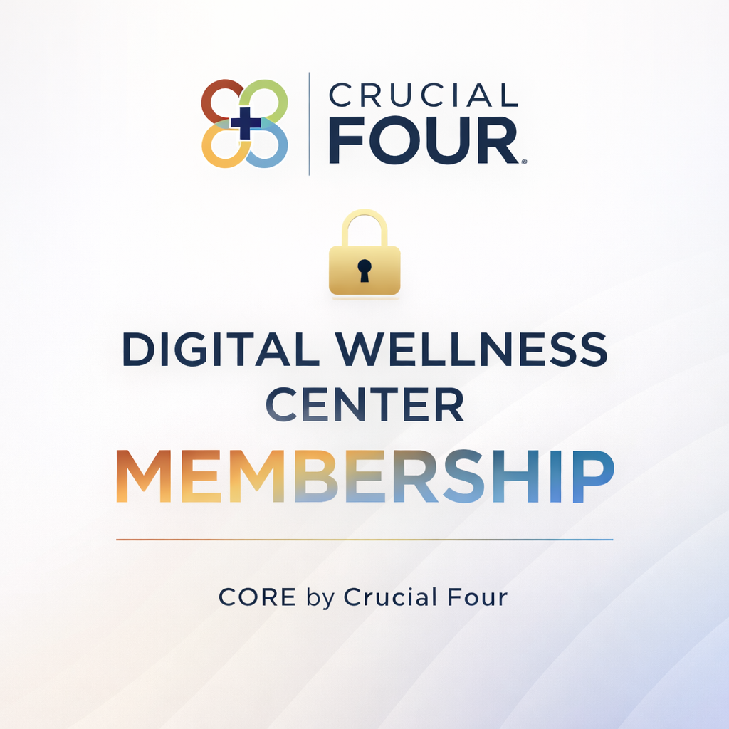 Advertisement for Crucial Four Digital Wellness Center Membership with colorful logo and text on a white background.