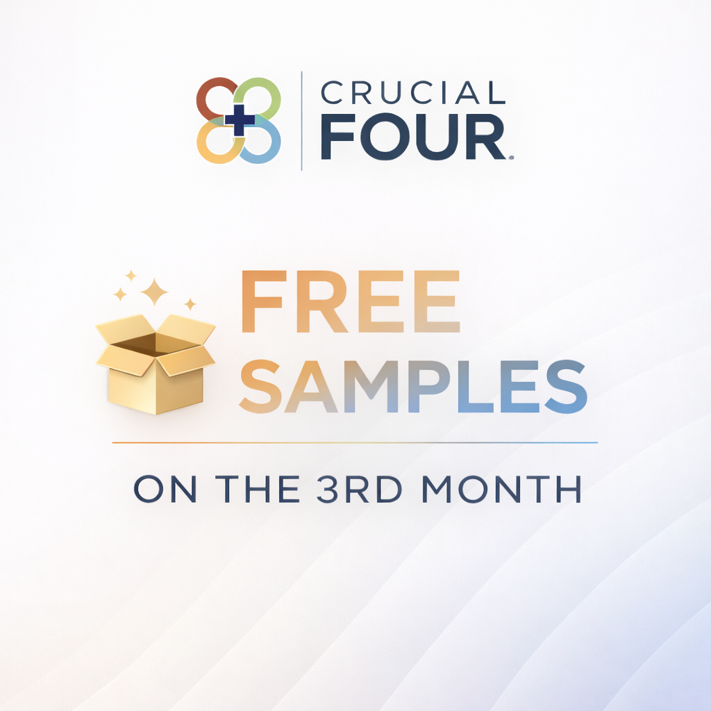 Promotional graphic for 'Crucial Four' with a free sample offer on a light background