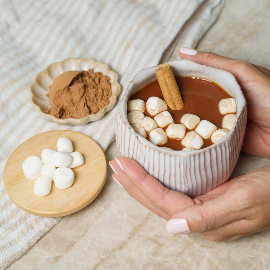 Hot chocolate with marshmallows and a cinnamon stick, held by a hand on a textured surface.
